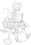  &gt;_&lt; 1girl :d androgynous armor capelet cat chainmail gauntlets gem greaves hat holding jumping lineart looking_at_another lunastra_(armor) melynx monochrome monster_hunter nishihara_isao open_mouth short_hair simple_background smile walking xd 