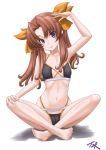  1girl ahoge artist_name barefoot bikini black_bikini brown_hair collarbone commentary_request flat_chest full_body hair_ribbon head_tilt highres indian_style kagerou_(kantai_collection) kantai_collection long_hair looking_at_viewer navel purple_eyes ribbon sitting smile solo swimsuit t2r toes twintails white_background yellow_ribbon 