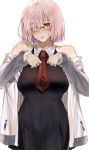  1girl amakaze black-framed_eyewear eyebrows_visible_through_hair fate/grand_order fate_(series) glasses hair_over_one_eye highres long_sleeves looking_at_viewer mash_kyrielight necktie pink_hair purple_eyes red_neckwear short_hair simple_background solo sweat white_background 