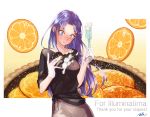  1girl :o alternate_costume black_shirt blue_eyes blush border breasts caster casual collarbone commission fate/grand_order fate_(series) food fruit full-face_blush highres icing isagiyo kuzuki_souichirou long_hair medium_breasts orange orange_slice pointy_ears purple_hair purple_skirt shirt short_sleeves skirt solo spatula white_border 