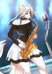  anthro big_breasts breasts canid canine clothed clothing eyes_closed female fur hair hi_res mammal microphone musical_instrument saxophone solo white_body white_fur white_hair wind_instrument woodwind_instrument zetsuboucchi 