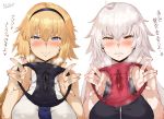  2girls absurdres ahoge bangs bare_shoulders black_panties blonde_hair blue_eyes blush braid breasts cat&#039;s_cradle collared_shirt eyebrows_visible_through_hair fate/apocrypha fate_(series) hairband hero_neisan highres holding holding_clothes holding_panties holding_underwear huge_filesize jeanne_d&#039;arc_(alter)_(fate) jeanne_d&#039;arc_(fate) jeanne_d&#039;arc_(fate)_(all) large_breasts long_hair looking_at_viewer multiple_girls necktie panties panties_removed presenting_panties red_panties shirt silver_hair single_braid sleeveless sleeveless_shirt smile stained_panties sweat underwear yellow_eyes 