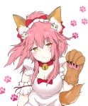  1girl :3 absurdres animal_ear_fluff animal_ears apron artist_request bell bell_collar blush breasts cat_hair_ornament cat_paws cleavage collar commentary commentary_request eyebrows_visible_through_hair fate/extra fate/grand_order fate_(series) fox_ears fox_girl fox_tail gloves hair_ornament hair_ribbon highres jingle_bell large_breasts looking_at_viewer naked_apron paw_gloves paws pink_hair red_ribbon ribbon solo tail tamamo_(fate)_(all) tamamo_cat_(fate) white_apron yellow_eyes 