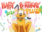  2020 4:3 balloon birthday black_eyes bone canid canine canis collar disney domestic_dog english_text feral floppy_ears harara hi_res holding_object looking_at_viewer mammal mouth_hold pluto_(disney) signature smile solo text yellow_body 