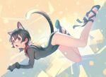  1girl abstract_background animal_ear_fluff animal_ears ballet_slippers black_eyes black_hair bodysuit cat_ears cat_girl commentary_request cross-laced_footwear dutch_angle eyebrows_visible_through_hair green_footwear kaban_(kemono_friends) kemono_friends mifu_(b24vc1) open_mouth padlocked_collar short_hair tareme 