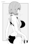  1girl adjusting_clothes ass blush breasts closed_mouth eyebrows_visible_through_hair greyscale kichihachi large_breasts looking_away monochrome one-piece_swimsuit original sideboob solo swimsuit twitter_username wet 