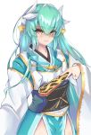  1girl aqua_hair aqua_kimono cowboy_shot dragon_girl dragon_horns fan fate/grand_order fate_(series) folding_fan highres holding holding_fan horns japanese_clothes kimono kiyohime_(fate/grand_order) multiple_horns obi sash shaded_face simple_background solo standing white_background wide_sleeves yahan_(mctr5253) yellow_eyes 