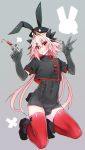  1boy animal_ears astolfo_(fate) astolfo_(saber)_(fate) blush boots bunny_ears bunny_tail bunnysuit commentary_request covered_navel crop_top elbow_gloves eyebrows_visible_through_hair eyes_visible_through_hair fate/grand_order fate_(series) gloves grey_background hair_between_eyes haoro hat high_heel_boots high_heels highlights highres looking_at_viewer multicolored_hair nurse nurse_cap one-piece_swimsuit otoko_no_ko pink_hair purple_eyes short_sleeves simple_background smile solo swimsuit syringe tail teeth thighhighs two-tone_hair v white_hair 
