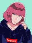  1girl bangs blue_background close-up gundam haman_karn highres hood hoodie looking_up pink_hair purple_eyes qarsa short_hair solo supreme zeta_gundam 