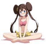  1girl :o arms_between_legs bangs bare_arms bare_legs bare_shoulders barefoot between_legs blue_eyes blush bra breast_squeeze breasts brown_hair cleavage collarbone crossed_legs double_bun halterneck hand_between_legs highres indian_style long_hair looking_at_viewer medium_breasts navel open_mouth pink_bra pokemon pokemon_(game) pokemon_bw2 rosa_(pokemon) shadow shorts sidelocks simple_background sitting sleeveless solo sweat tsukishiro_saika twintails underwear white_background yellow_shorts 