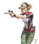  1girl baseball_cap blonde_hair ear_protection english_commentary finger_on_trigger goggles gun handgun hat holding holding_gun holding_weapon jpc original pistol ponytail purple_eyes shooting_glasses solo watch weapon white_background wristwatch 