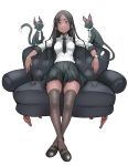  1girl absurdres bangs black_hair black_legwear breasts cat crossed_ankles dark_skin english_commentary full_body highres kiritzuguart long_hair mary_janes medium_breasts nail_polish necktie original parted_bangs parted_lips pink_eyes pleated_skirt school_uniform shoes sidelocks simple_background sitting skirt solo thighhighs watch white_background wristwatch 
