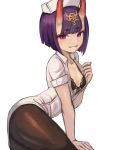  1girl bangs bare_shoulders black_bra blush bob_cut bra breasts collarbone eyeliner fate/grand_order fate_(series) headpiece highres horns looking_at_viewer makeup oni oni_horns purple_eyes purple_hair short_hair short_sleeves shuten_douji_(fate/grand_order) simple_background skin-covered_horns small_breasts smile sookmo underwear white_background 