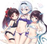  3girls ahoge ass_visible_through_thighs bangs bare_arms bare_shoulders bikini black_bikini black_hairband blue_bikini blue_eyes bow breasts brown_hair commentary_request frilled_bikini frills gyozanuko hair_bow hair_ornament hairband highres hinatsuru_ai leg_garter long_hair looking_at_viewer lowleg lowleg_bikini multiple_girls red_bow red_eyes ryuuou_no_oshigoto! short_hair silver_hair simple_background small_breasts snowflake_hair_ornament sora_ginko swimsuit twintails white_background white_bikini yashajin_ai 