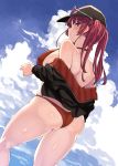  1girl ass baseball_cap bikini blush breasts cloud cloudy_sky cropped_jacket eyewear_on_head facing_away hand_up hat highres hololive houshou_marine jacket knee_up large_breasts looking_at_viewer looking_back off_shoulder red_bikini red_hair shiokonbu sky standing swimsuit thighs twintails 