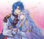  1boy 1girl blue_eyes blue_hair couple deirdre_(fire_emblem) fire_emblem fire_emblem:_genealogy_of_the_holy_war hetero highres holding_hands jin_(phoenixpear) looking_at_another looking_down looking_up purple_eyes sigurd_(fire_emblem) symbol_commentary white_hair 