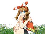  1girl bangs bike_shorts black_shorts blue_eyes blue_flower bow bow_hairband breasts brown_hair flower hair_between_eyes hair_bow hairband highres index_finger_raised long_hair looking_at_viewer may_(pokemon) open_mouth pokemon pokemon_(game) pokemon_oras red_bow red_hairband red_shirt shiny shiny_hair shirt short_shorts shorts shorts_under_shorts simple_background sleeveless sleeveless_shirt small_breasts solo squatting striped striped_bow twintails white_background white_shorts yuihico 