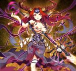  1girl areolae blush braid breasts cleavage collarbone dress duel_monster earrings feet_out_of_frame highres holding holding_lance holding_polearm holding_weapon horns jewelry lance large_breasts looking_at_viewer magic monster_girl nekroz_of_sophia nipples nose_blush open_mouth polearm red_eyes red_hair restrained solo standing tentacles weapon yuu-gi-ou zhu_fun 
