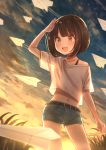  1girl :d arm_up bangs belt black_belt black_hair blush cloud collarbone commentary_request denim denim_shorts eyelashes from_below highres navel open_mouth original outdoors paper_airplane shiny shiny_hair shirt short_sleeves shorts sky smile solo tanbonota46 tongue upper_teeth 