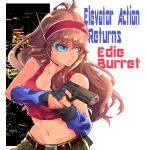  1girl black_gloves blue_eyes brown_hair building character_name copyright_name cowboy_shot edie_burret elevator_action eyepiece fingerless_gloves gloves gun h-y-d hairband headpiece holding holding_gun holding_weapon long_hair looking_away navel red_hairband red_tank_top serious shiny shiny_hair shiny_skin solo tank_top weapon 