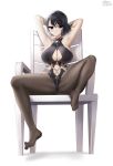  1girl absurdres armpits artist_request black_hair black_legwear breasts chair character_request feet highres large_breasts looking_at_viewer mabinogi navel no_shoes pantyhose see-through short_hair simple_background smile solo thighhighs toes white_background white_hair 