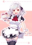  1girl :d alternate_costume apron bangs black_bow black_legwear bow breasts brown_background cake commentary_request dress enmaided eyebrows_visible_through_hair food food_on_face frilled_apron frilled_dress frilled_legwear frills fruit girls_frontline grey_hair hair_bow highres holding holding_plate long_hair maid maid_apron maid_headdress medium_breasts open_mouth pac-man pac-man_(game) plate pleated_skirt puffy_short_sleeves puffy_sleeves red_eyes ribbon-trimmed_legwear ribbon_trim sansei_rain short_sleeves skirt smile solo spas-12_(girls_frontline) strawberry thighhighs two-tone_background upper_teeth white_apron white_background wrist_cuffs 