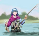  1girl black_bra blue_eyes blue_hair bra breasts byleth_(fire_emblem) byleth_(fire_emblem)_(female) cleavage commentary cropped_hoodie edie_crop_hoodie english_commentary fila fire_emblem fire_emblem:_three_houses fish fishing fishing_rod hood hood_down hoodie meme_attire midriff papers_ev partially_submerged solo underwear wading 