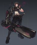  1girl black_gloves black_hair breasts chainsaw cigar fingerless_gloves gloves gun handgun highres holding holding_chainsaw holding_cigar holstered_weapon knife large_breasts leaning_back looking_at_viewer looking_down mechanical_arm midriff morry navel original pink_eyes pistol prosthesis prosthetic_arm science_fiction smile solo weapon 