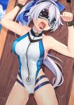  1girl bdsm blue_bow blue_swimsuit blush bondage bound bound_wrists bow breasts fate/grand_order fate_(series) hair_bow head_mounted_display highleg highleg_swimsuit large_breasts long_hair multicolored multicolored_clothes multicolored_swimsuit one-piece_swimsuit open_mouth ponytail pussy_juice restrained solo swimsuit tomoe_gozen_(swimsuit_saber)_(fate) trembling white_hair white_swimsuit yasume_yukito 