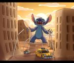  2020 alien beach bendy_straw black_bars blue_body blue_claws blue_fur blue_nose building chest_tuft city claws cloud commercial_vehicle disney experiment_(lilo_and_stitch) eyes_closed fur head_tuft hi_res laugh lilo_and_stitch male narrowed_eyes notched_ear open_mouth open_smile outside pintino pretend public_transportation sand seaside semi-anthro signature smile solo squint stitch_(lilo_and_stitch) straw sun sunset taxicab teeth toe_claws tuft uvula vehicle vehicle_for_hire watermark 