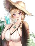  1girl animal_ears arknights bare_shoulders bikini black_jacket blue_nails braid breasts brown_hair brown_headwear cleavage cup drinking_glass drinking_straw fang hair_ornament hair_over_shoulder hairclip hand_up hat highres holding holding_cup jacket jewelry large_breasts long_hair looking_at_viewer multi-strapped_bikini nail_polish necklace off_shoulder open_clothes open_jacket open_mouth puckjjick_(belbesi19) purple_eyes single_braid slit_pupils smile solo straw_hat string_bikini striped striped_bikini swimsuit upper_body utage_(arknights) white_bikini x_hair_ornament 
