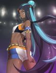  1girl aqua_eyes aqua_hair arched_back armlet ass belly_chain bike_shorts black_hair commentary_request dark_skin dynamax_band earrings eba_uenihane gloves gold_earrings gym_leader hair_bun holding holding_poke_ball hoop_earrings jewelry long_hair looking_back multicolored_hair nessa_(pokemon) poke_ball poke_ball_(basic) pokemon pokemon_(game) pokemon_swsh single_glove solo two-tone_hair very_long_hair wet 