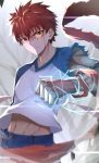  1boy bangs blood bloody_tears blue_pants blurry blurry_foreground brown_eyes brown_hair clenched_hand closed_mouth collarbone commentary_request depth_of_field electricity emiya_shirou eyebrows_visible_through_hair fate/stay_night fate_(series) frown hair_between_eyes heaven&#039;s_feel highres looking_at_viewer male_focus midriff navel pants raglan_sleeves shirt solo tapioka_(oekakitapioka) torn_clothes torn_shirt upper_body v-shaped_eyebrows white_shirt 