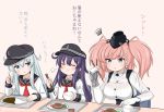  3girls akatsuki_(kantai_collection) anchor_symbol atlanta_(kantai_collection) black_headwear black_sailor_collar black_skirt blue_eyes bowl breasts brown_hair buttons check_translation chopsticks closed_mouth collarbone curry curry_rice dated earrings eyebrows_visible_through_hair flat_cap food garrison_cap grey_eyes hair_between_eyes hamburger_steak hat hibiki_(kantai_collection) high-waist_skirt holding holding_chopsticks holding_spoon jewelry kantai_collection large_breasts long_hair long_sleeves masara_(chuujou) multiple_girls neckerchief parted_lips pleated_skirt purple_hair red_neckwear rice rice_bowl sailor_collar school_uniform serafuku shirt silver_hair sitting skirt smile spoon star_(symbol) star_earrings suspender_skirt suspenders translation_request triangle_mouth twitter_username two_side_up white_shirt 