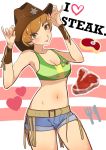  1girl brown_eyes brown_hair cowboy_hat english_text food fork hat highres knife looking_at_viewer meat midriff navel persona persona_4 satonaka_chie short_hair shorts smile solo steak stomach 