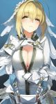  1girl 92m ahoge bangs belt blonde_hair blush bodysuit breasts bridal_veil chain cleavage fate/extra fate/extra_ccc fate_(series) full-length_zipper green_eyes hair_intakes head_wreath highres large_breasts lock long_hair looking_at_viewer loose_belt nero_claudius_(bride)_(fate) nero_claudius_(fate)_(all) padlock parted_lips veil white_bodysuit zipper 