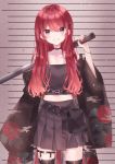  1girl azarashi6 black_skirt choker crop_top highres holding holding_pipe long_hair looking_at_viewer mugshot navel original over_shoulder pipe purple_eyes red_hair skirt smile solo thigh_strap thighhighs 