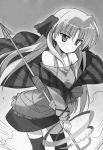  1girl bangs blush campione! closed_mouth collarbone erica_blandelli eyebrows_visible_through_hair floating_hair greyscale hair_between_eyes highres holding holding_spear holding_weapon long_hair miniskirt monochrome novel_illustration off-shoulder_shirt off_shoulder official_art polearm shiny shiny_hair shirt sikorsky skirt solo spaghetti_strap spear standing thighhighs very_long_hair weapon zettai_ryouiki 