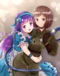  2girls asamiya_athena breasts brown_eyes brown_hair choker closed_mouth gloves hairband highres holding holding_whip long_hair looking_at_viewer military military_uniform multiple_girls open_mouth purple_eyes purple_hair short_hair smile the_king_of_fighters uniform whip whip_(kof) 