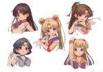  2girls :o aino_minako arm_up bangs bishoujo_senshi_sailor_moon black_hair blonde_hair blue_choker blue_eyes blue_hair blue_sailor_collar bow bowtie brown_hair choker clenched_hand crescent crescent_earrings cropped_torso double_bun earrings elbow_gloves flat_chest gloves green_choker green_sailor_collar hair_bobbles hair_bow hair_ornament hino_rei inner_senshi jewelry kino_makoto long_hair magical_girl mizuno_ami multiple_girls orange_choker orange_sailor_collar pink_bow pointing pointing_at_viewer ponytail pose purple_eyes red_bow red_choker red_sailor_collar ryota_(ry_o_ta) sailor_collar sailor_jupiter sailor_mars sailor_mercury sailor_moon sailor_senshi sailor_senshi_uniform sailor_venus short_hair simple_background smile star_(symbol) star_earrings stud_earrings tiara tsukino_usagi twintails white_background white_gloves 