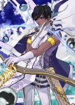  1boy agni_gandiva arjuna_(fate/grand_order) arrow_(projectile) bow_(weapon) brown_eyes brown_hair cape dark_skin dark_skinned_male fate/grand_order fate_(series) gloves hair_between_eyes highres holding holding_bow_(weapon) holding_weapon indian_clothes long_sleeves male_focus naka10969 short_hair solo weapon white_cape white_gloves 