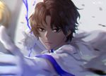  1boy agni_gandiva arjuna_(fate/grand_order) bow_(weapon) brown_eyes brown_hair cape dark_skin dark_skinned_male fate/grand_order fate_(series) gloves hair_between_eyes hichi(hichi) holding holding_bow_(weapon) holding_weapon indian_clothes long_sleeves male_focus short_hair simple_background solo weapon white_background white_cape white_gloves 