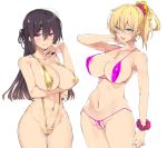  2girls ass_visible_through_thighs black_hair blonde_hair blue_eyes blush breasts character_request collarbone commentary_request copyright_request covered_nipples cowboy_shot hair_between_eyes large_breasts long_hair looking_at_viewer multiple_girls navel open_mouth ponytail purple_eyes simple_background standing swimsuit takanae_kyourin teeth tongue white_background 