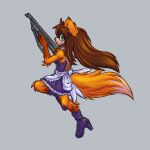  1:1 2019 adele_(bluecactus) anthro biped bluecactus boots brown_hair canid canine clothed clothing female footwear fox green_eyes grey_background gun hair hi_res holding_gun holding_object holding_weapon maid_uniform mammal purple_boots ranged_weapon simple_background solo uniform weapon 