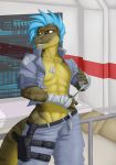  anthro bandage blue_hair breasts clenched_teeth clothed clothing detailed_background fangs female gun hair hi_res multicolored_body muscular muscular_anthro muscular_female non-mammal_breasts open_mouth open_smile ranged_weapon reptile saruuk scalie smile solo teeth two_tone_body weapon 