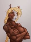  anthro blonde_hair breasts brown_body brown_fur clenched_teeth equid equine female fur hair hi_res horse mammal multicolored_body multicolored_fur muscular muscular_anthro muscular_female open_mouth open_smile saruuk simple_background smile solo teeth two_tone_body two_tone_fur white_body white_fur yellow_eyes 