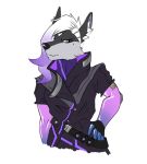  anthro blizzard_entertainment breasts canid canine canis clothed clothing female fur grey_body grey_fur hair mammal multicolored_body multicolored_fur multicolored_hair overwatch purple_eyes purple_hair saruuk simple_background smile solo sombra_(overwatch) two_tone_body two_tone_fur two_tone_hair video_games white_background white_hair wolf 