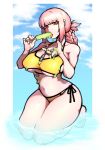  1girl babo bangs bikini braid breasts chaldea_lifesavers eyebrows_visible_through_hair fate/grand_order fate_(series) florence_nightingale_(fate/grand_order) folded_ponytail food highres kneeling long_hair navel pink_hair popsicle red_eyes solo swimsuit tongue tongue_out wading whistle whistle_around_neck yellow_bikini 