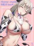  1girl animal_ears animal_print bangs bare_shoulders bikini blush breasts bridal_gauntlets closed_eyes collarbone cow_girl cow_print cup disposable_cup drinking drinking_straw english_text eyebrows_visible_through_hair grey_hair groin hair_between_eyes highres huge_breasts jewelry large_breasts long_hair mature navel object_on_breast ring sigma_2018 smile solo stomach swimsuit uzaki-chan_wa_asobitai! uzaki_tsuki 
