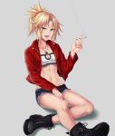  1girl :d bandeau bangs belt between_fingers black_belt black_footwear black_shorts blonde_hair boots braid breasts cigarette cleavage commentary_request cross-laced_footwear cutoffs eyebrows_visible_through_hair fate/apocrypha fate_(series) green_eyes grey_background highres holding holding_cigarette jacket lace-up_boots long_sleeves looking_at_viewer mordred_(fate) mordred_(fate)_(all) navel open_clothes open_jacket open_mouth parted_bangs ponytail red_jacket sbean shadow shoe_soles short_shorts shorts sidelocks small_breasts smile smoke smoking solo upper_teeth v-shaped_eyebrows white_bandeau 